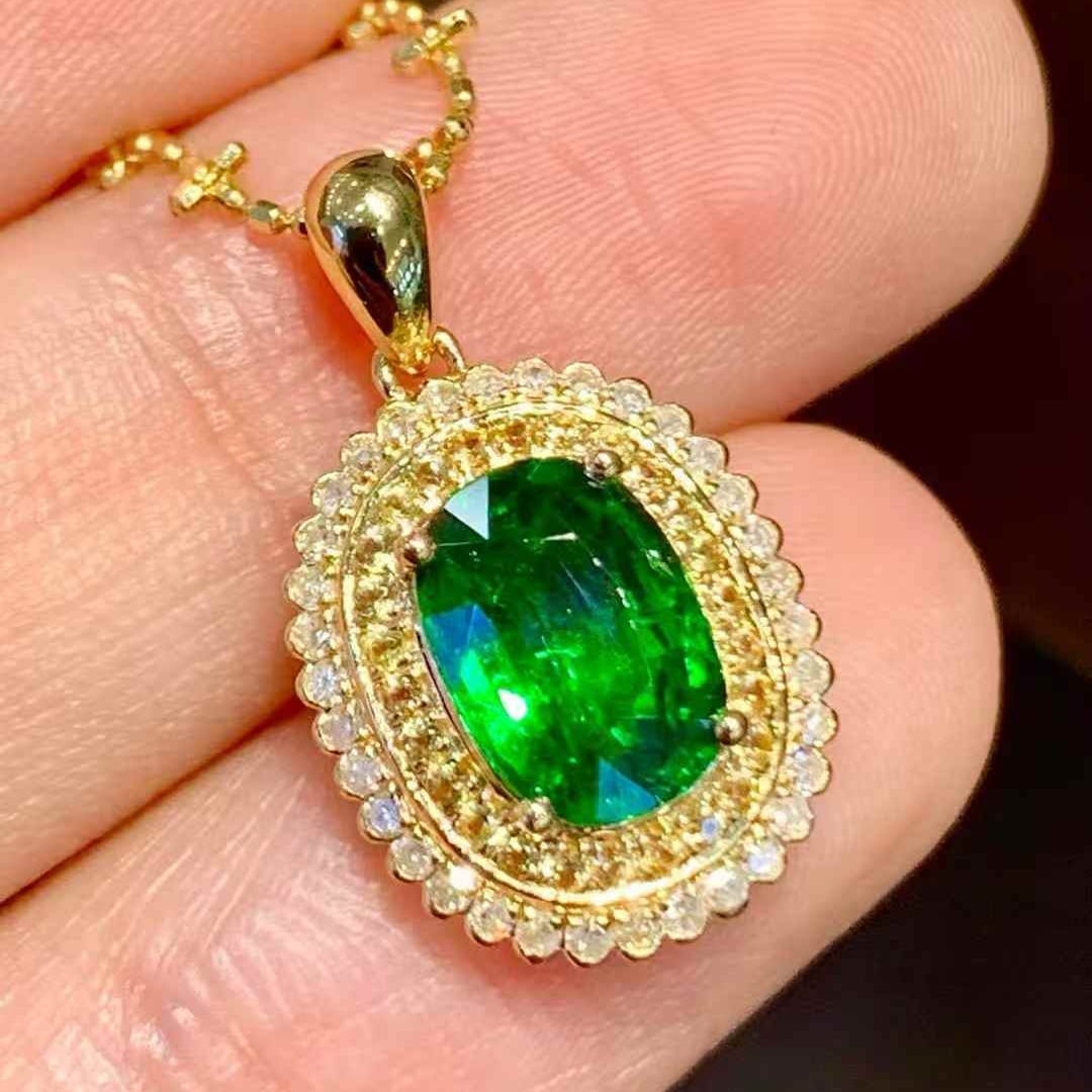 14k Gold 1.55 Ct Natural Tsavorite & Diamond Pendant( Without Chain ) - 4