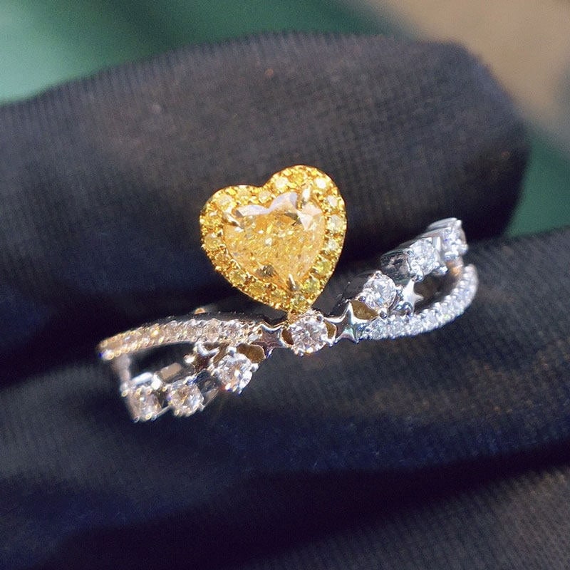 14k Gold 0.3 Ct Natural Yellow Diamond & Diamond Ring: Ref:231113208 // gold content:14k gold // ring size:7. 25us // // main gemstone:yellow diamond // shape:heart // carat weight:0. 3ct // color:yellow // treatment:natural // // adjacent gemstone 2