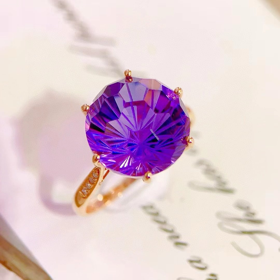 14k Gold 7.15 Ct Natural Amethyst & Diamond Ring - 4