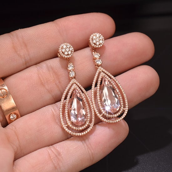 14k Gold 7.31 Ctw Natural Morganite & Diamond Earrings - 5