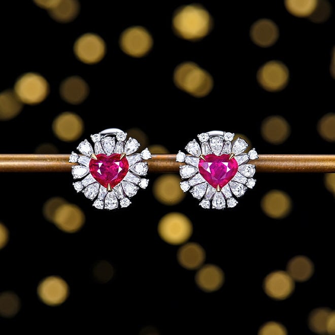 14k Gold 2.82 Ctw Natural Ruby & Diamond Earrings: Ref:231114007 // gold content:14k gold // main gemstone:ruby // shape:heart // carat weight:1. 55ct // color:red // treatment:natural // // adjacent gemstone 2 : diamond // number of stones:48 //