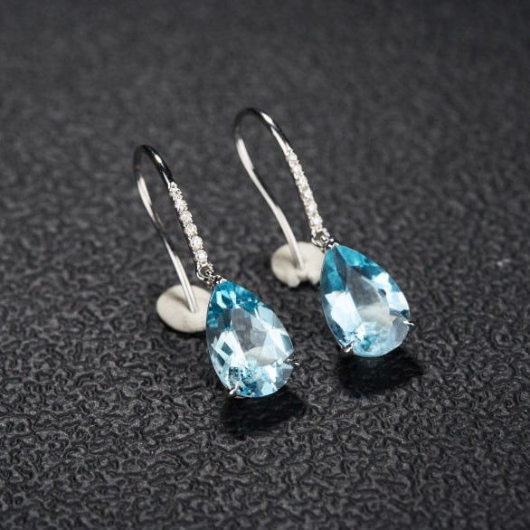 14k Gold 3.06 Ct Natural Aquamarine & Diamond Earrings - 3