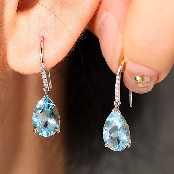 14k Gold 3.06 Ct Natural Aquamarine & Diamond Earrings - 8