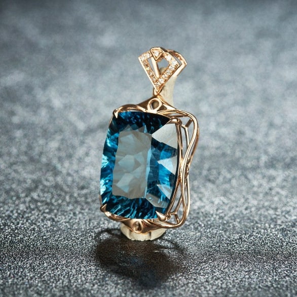 14k Gold 16.7 Ct Natural Topaz & Diamond Pendant( Without Chain ) - 4