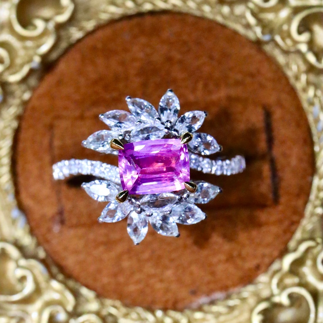 14k Gold 1.59 Ctw Natural Sapphire & Sapphire Ring: Ref:231114054 // gold content:14k gold // ring size:7. 25us // // main gemstone:sapphire // shape:cushion // carat weight:0. 80ct // color:pink // treatment:natural // // adjacent gemstone 2 :