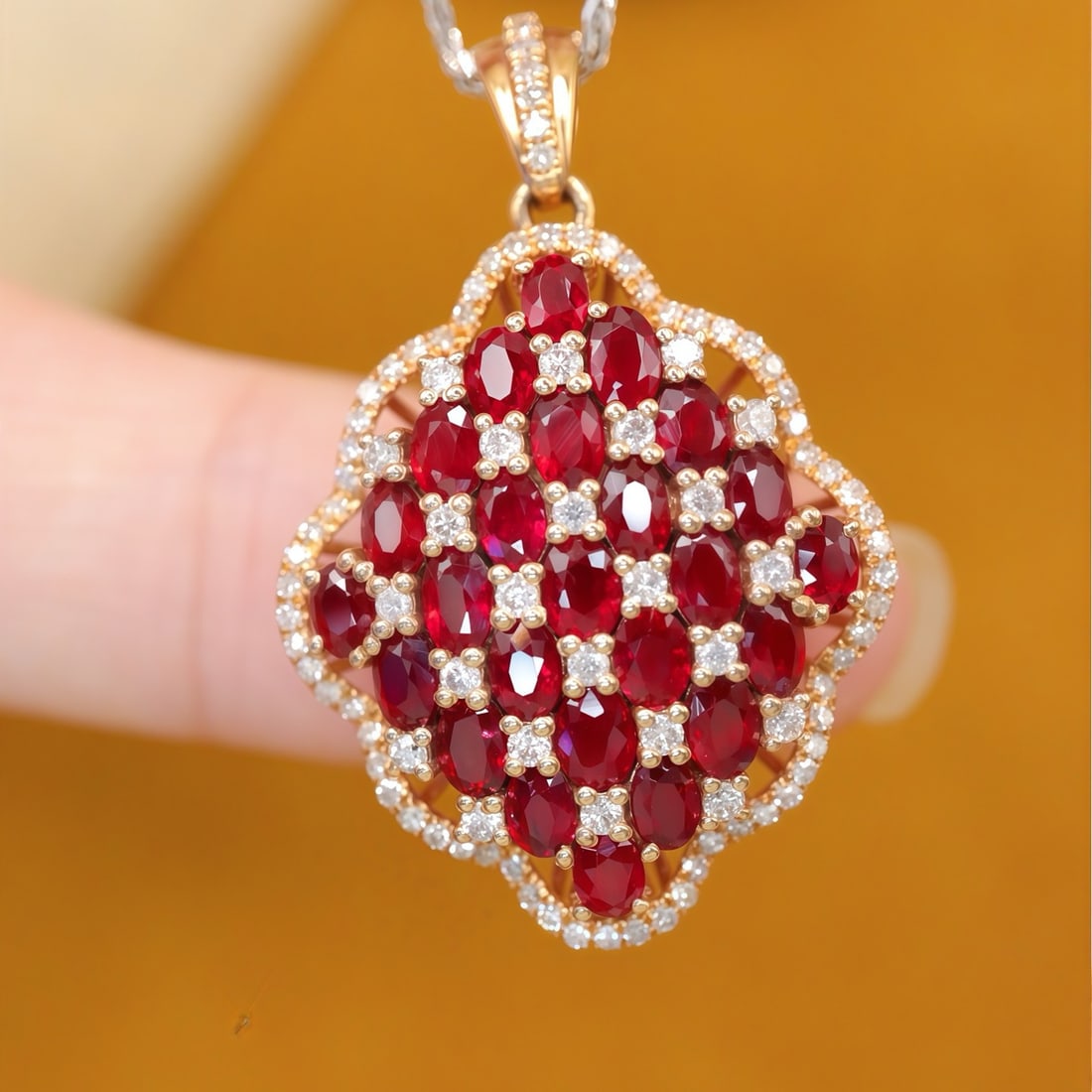 14k Gold 3.10 Ctw Natural Ruby & Diamond Pendant( Without Chain ): Ref:231114070 // gold content:14k gold // main gemstone:ruby // shape:oval // carat weight:2. 65ct // color:pigeonblood red // treatment:natural // // adjacent gemstone 2 : diamond // number of