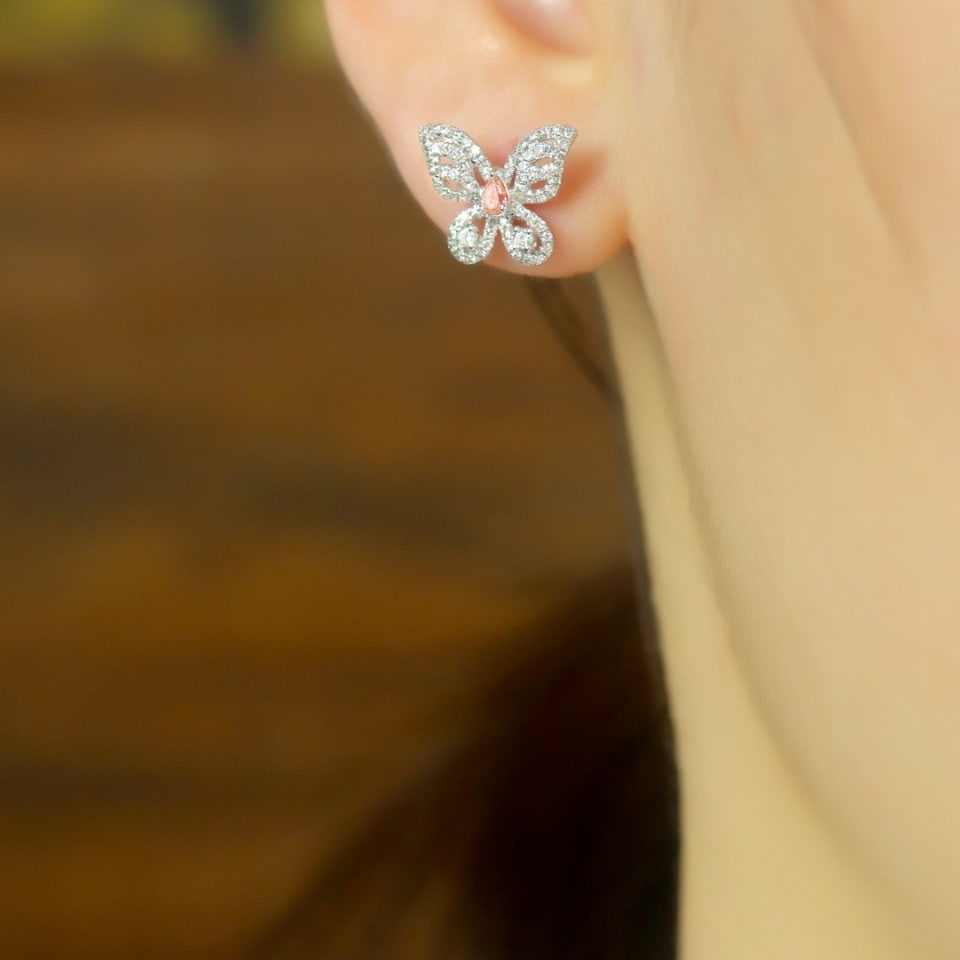 14k Gold 0.25 Ctw Natural Pink Diamond & Diamond & Butterfly Earrings - 4