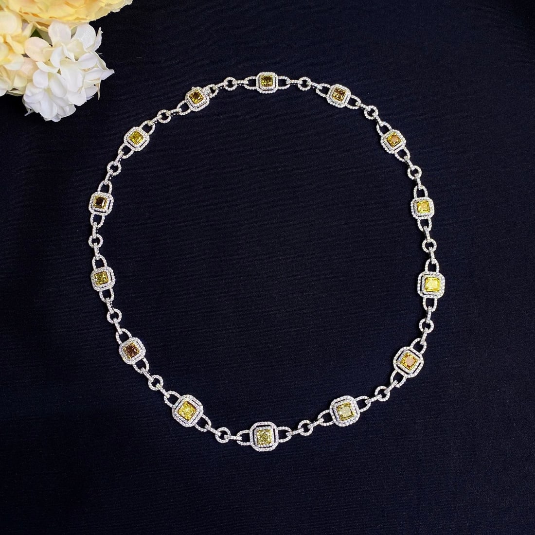 14k Gold 17.36 Ctw Natural Yellow Diamond & Diamond Necklace: Ref:231114083 // gold content:14k gold // main gemstone:yellow diamond // number of stones:14 // shape:cushion // carat weight:5. 84ct // color:yellow // treatment:natural // // adjacent gemstone 2