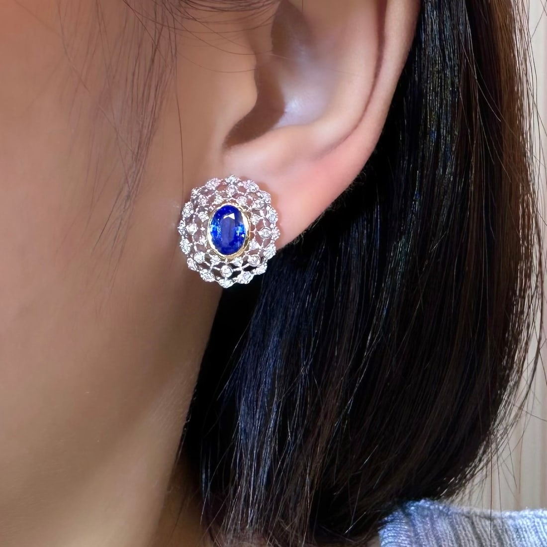 14k Gold 2.30 Ctw Natural Sapphire & Diamond Earrings - 4