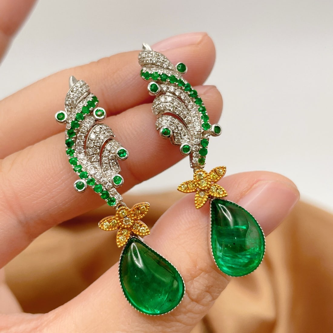 14k Gold 11.00 Ctw Natural Emerald & Emerald Earrings - 2