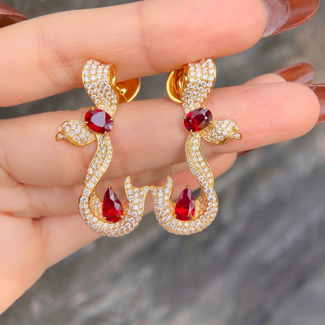 14k Gold 6.07 Ctw Natural Ruby & Diamond Earrings - 4