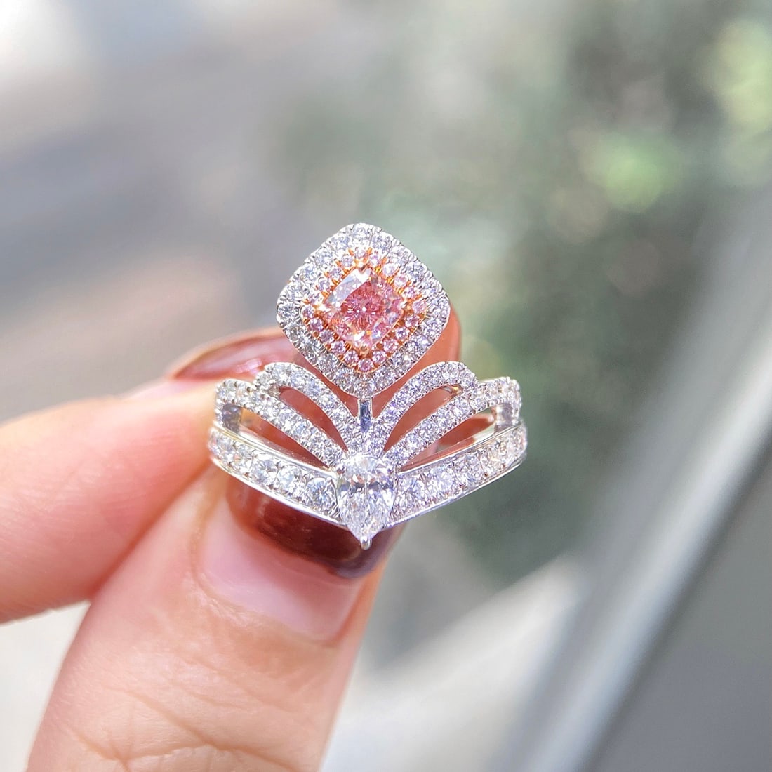 Gia Certified 14k Gold 1.26 Ctw Natural Pink Diamond & Diamond Ring: Ref:231114168 // gold content:14k gold // ring size:7. 25us // // main gemstone:pink diamond // certified:gia // shape:cushion // carat weight:0. 42ct // clarity grade:si2 // color:pink //