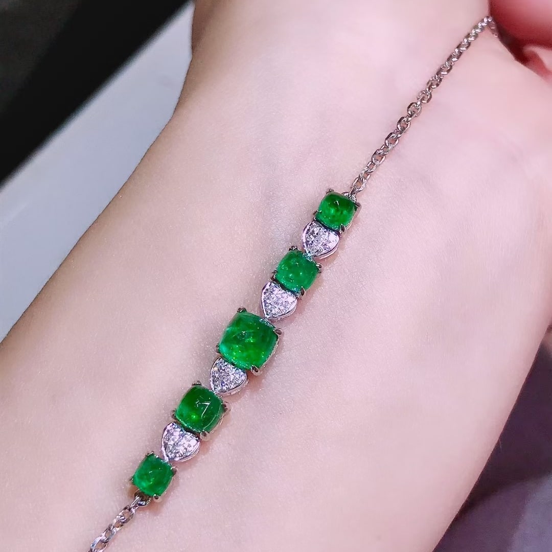 14k Gold 2.1 Ct Vivid Green Natural Emerald & Diamond Bracelet - 6