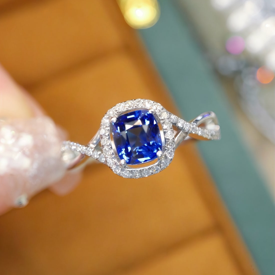14k Gold 1.24 Ctw Natural Sapphire & Diamond Ring: Ref:231114228 // gold content:14k gold // ring size:7. 25us // // main gemstone:sapphire // shape:cushion // carat weight:1. 06ct // color:royal blue // treatment:natural // // adjacent gemstone 2