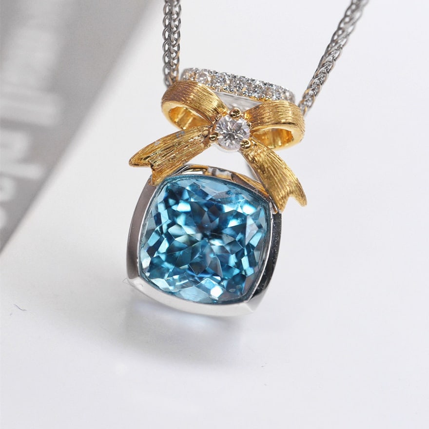 14k Gold 1.50 Ctw Natural Aquamarine & Diamond Pendant( Without Chain ) - 2