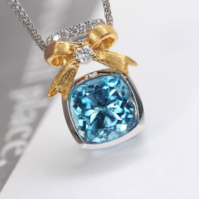 14k Gold 1.50 Ctw Natural Aquamarine & Diamond Pendant( Without Chain ) - 3
