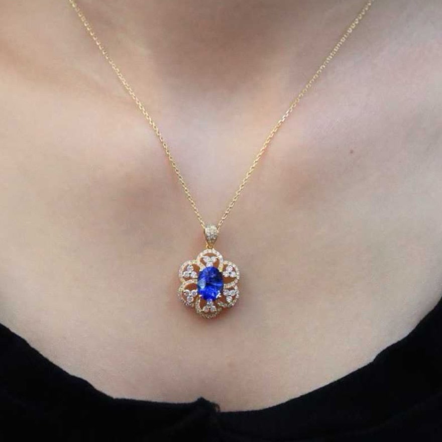 14k Gold 2.66 Ctw Natural Sapphire & Diamond Pendant( Without Chain ) - 5