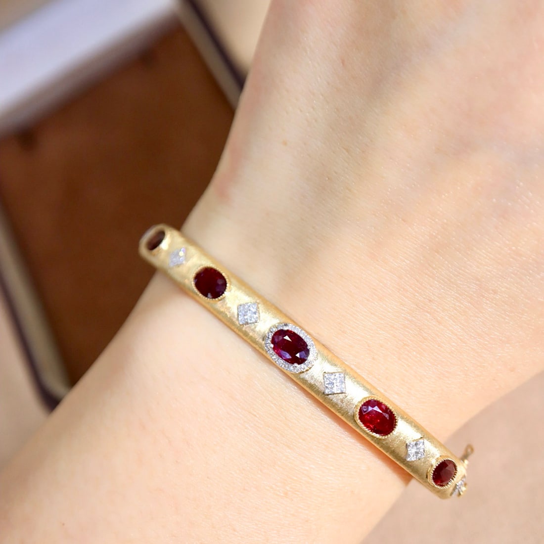 14k Gold 2.85 Ctw Natural Ruby & Diamond Bangle - 7