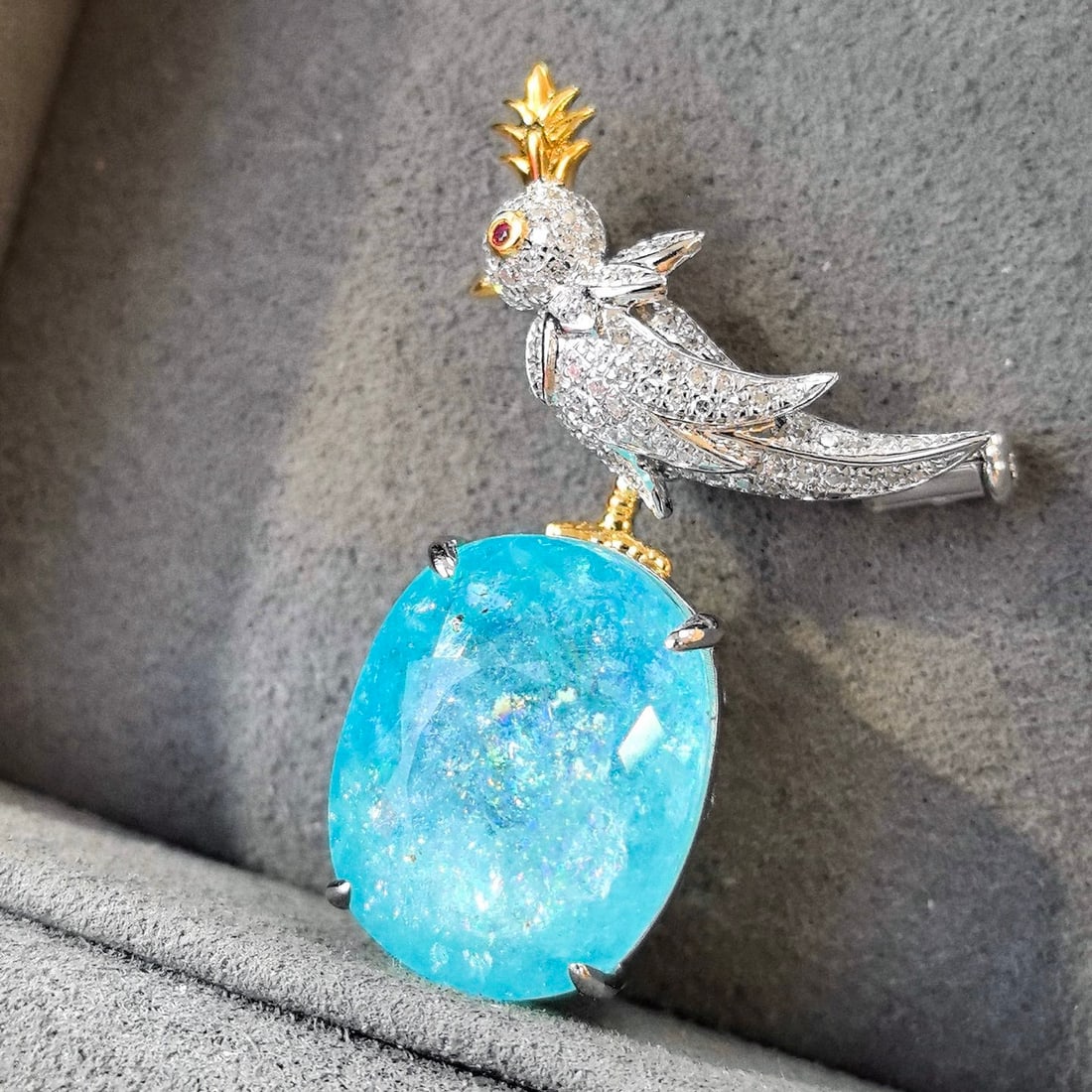 14k Gold 16.64 Ctw Natural Paraiba Tourmaline & Diamond Brooch/pendant( Without Chain ) - 2