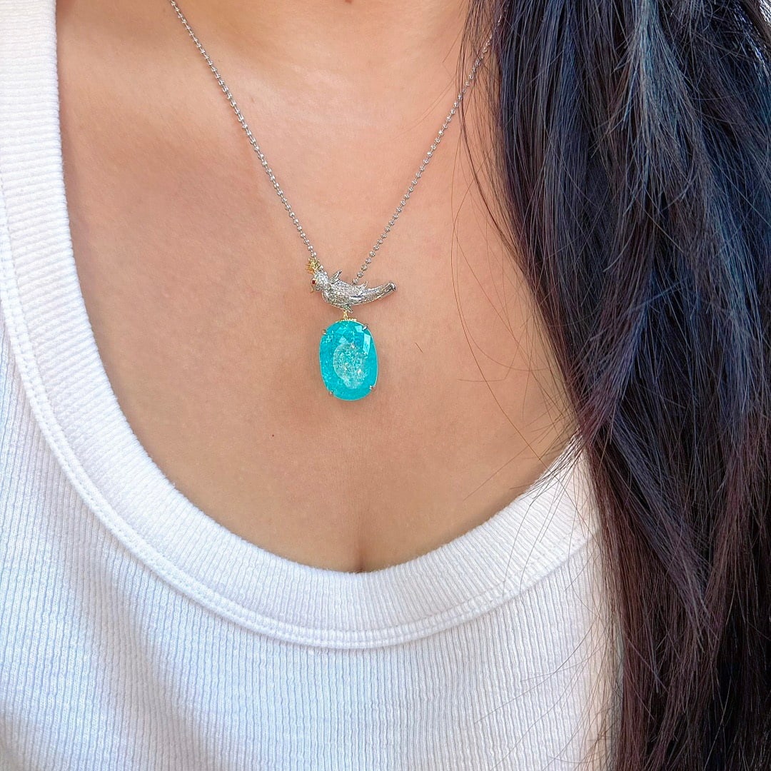 14k Gold 16.64 Ctw Natural Paraiba Tourmaline & Diamond Brooch/pendant( Without Chain ) - 6