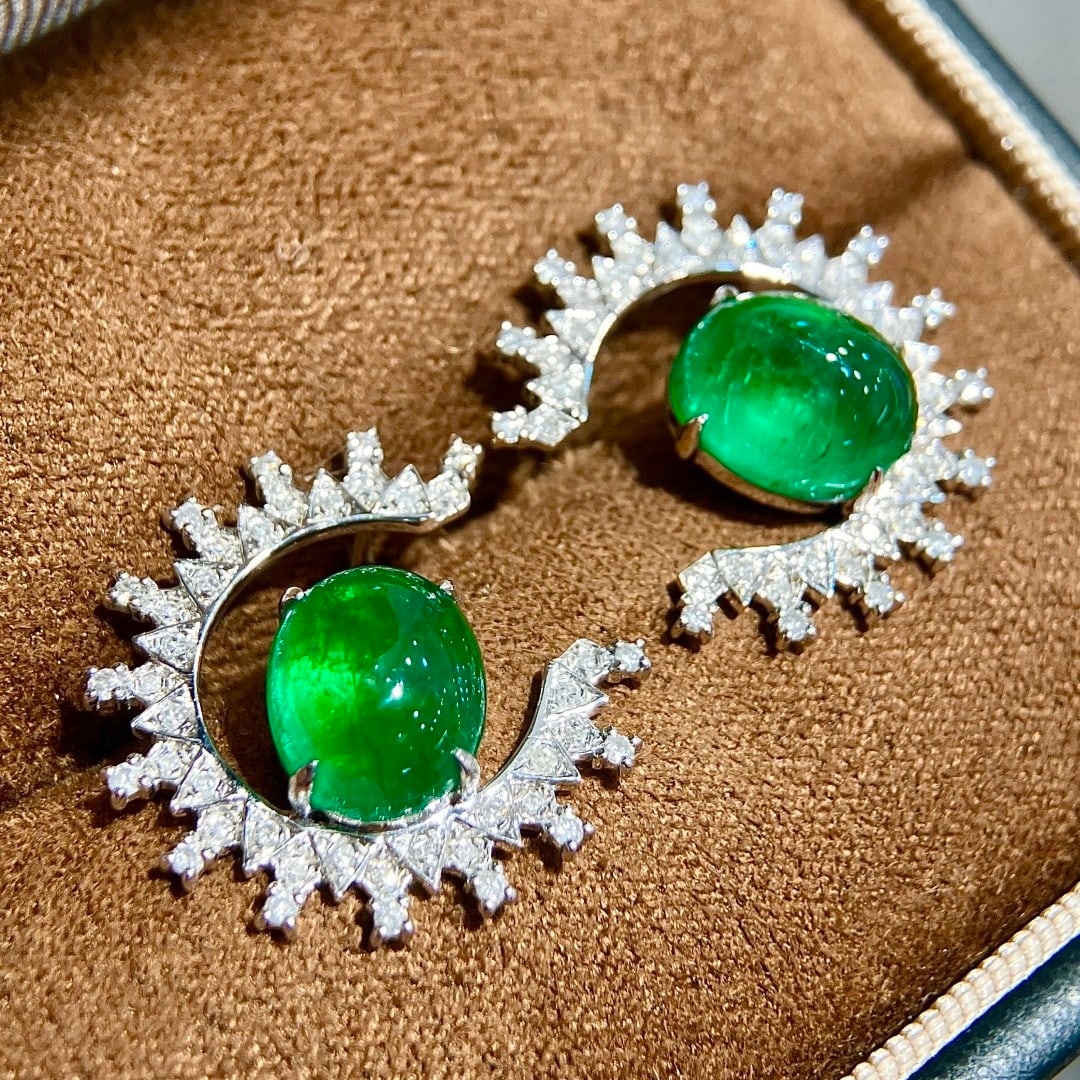 14k Gold 6.66 Ctw Vivid Green Natural Emerald & Diamond Earrings - 2