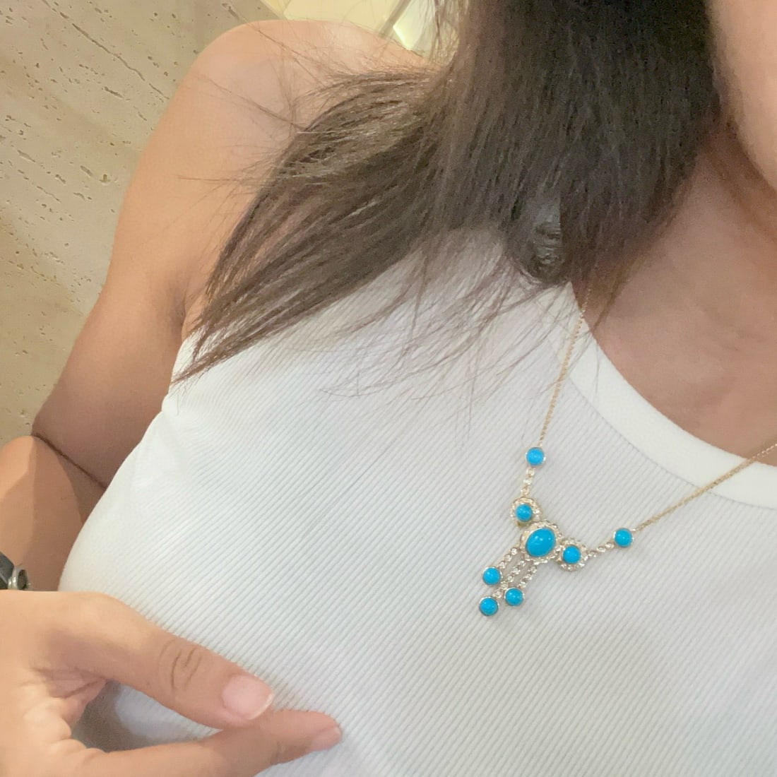 14k Gold 6 Ct Natural Blue Turquoise & Diamond Necklace - 4