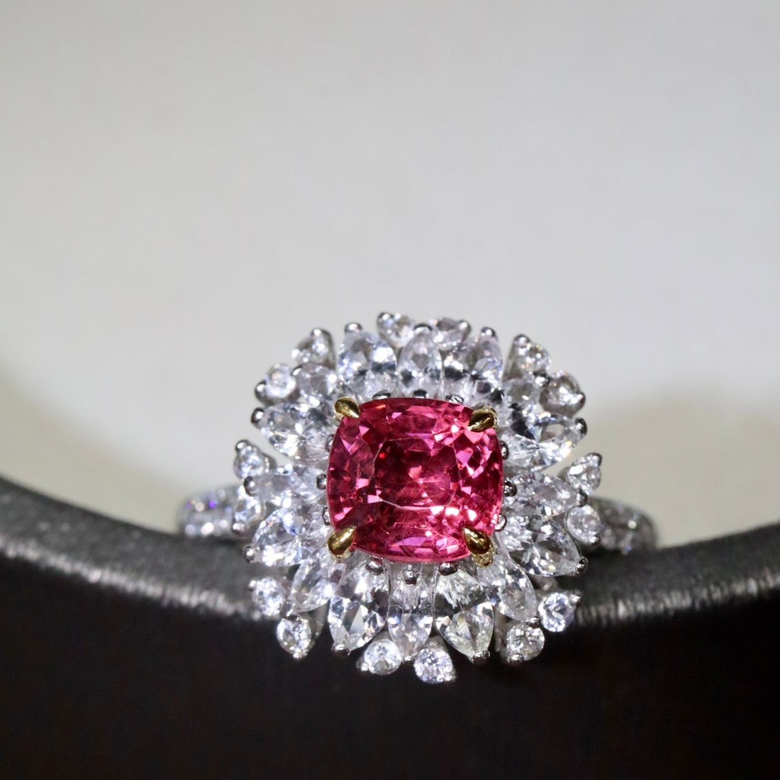 14k Gold 1.64 Ctw Natural Spinel & Diamond Ring: Ref:231114354 // gold content:14k gold // ring size:7. 25us // // main gemstone:spinel // shape:cushion // carat weight:1. 17ct // color:red // treatment:natural // // adjacent gemstone 2 : diamond //