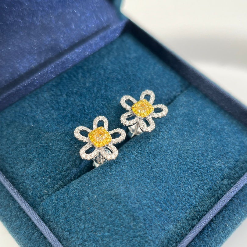 14k Gold 0.2 Ct Natural Yellow Diamond & Diamond & Flowers Earrings - 3