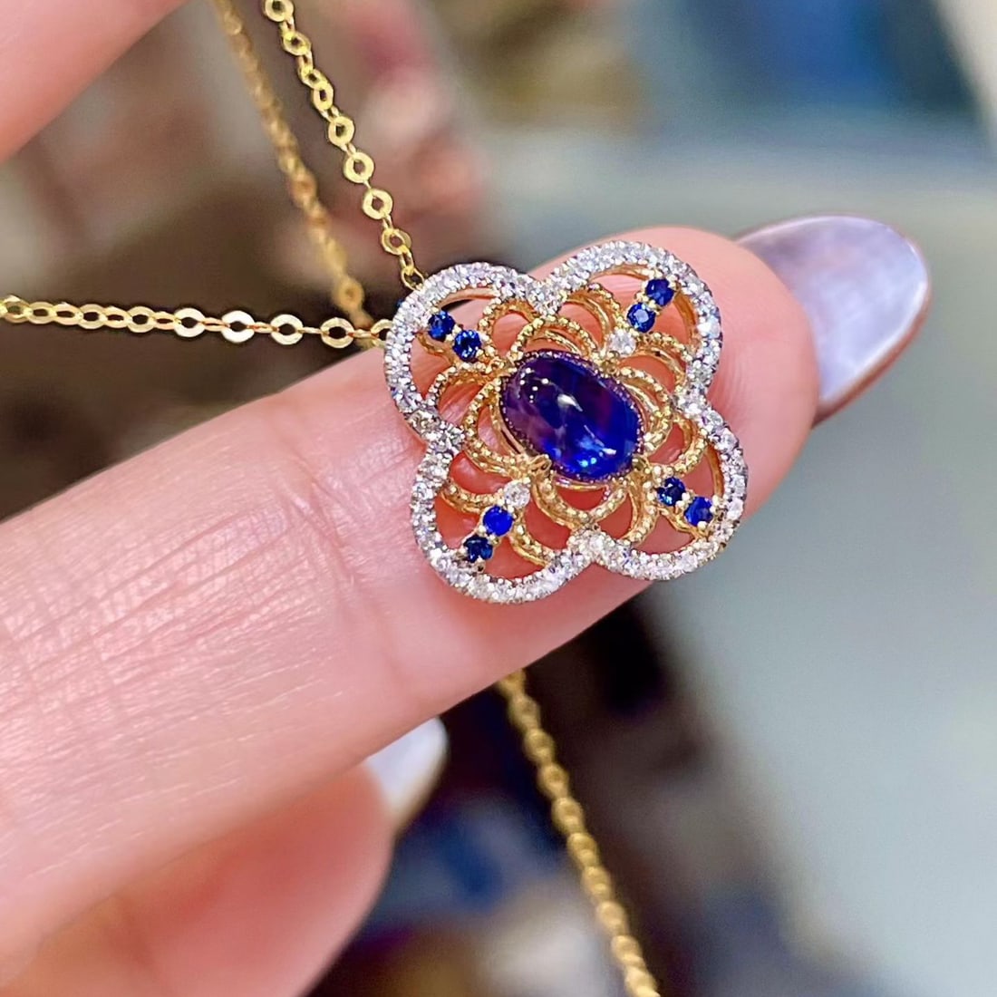 14k Gold 0.83 Ctw Natural Sapphire & Diamond Pendant( Without Chain ) - 2