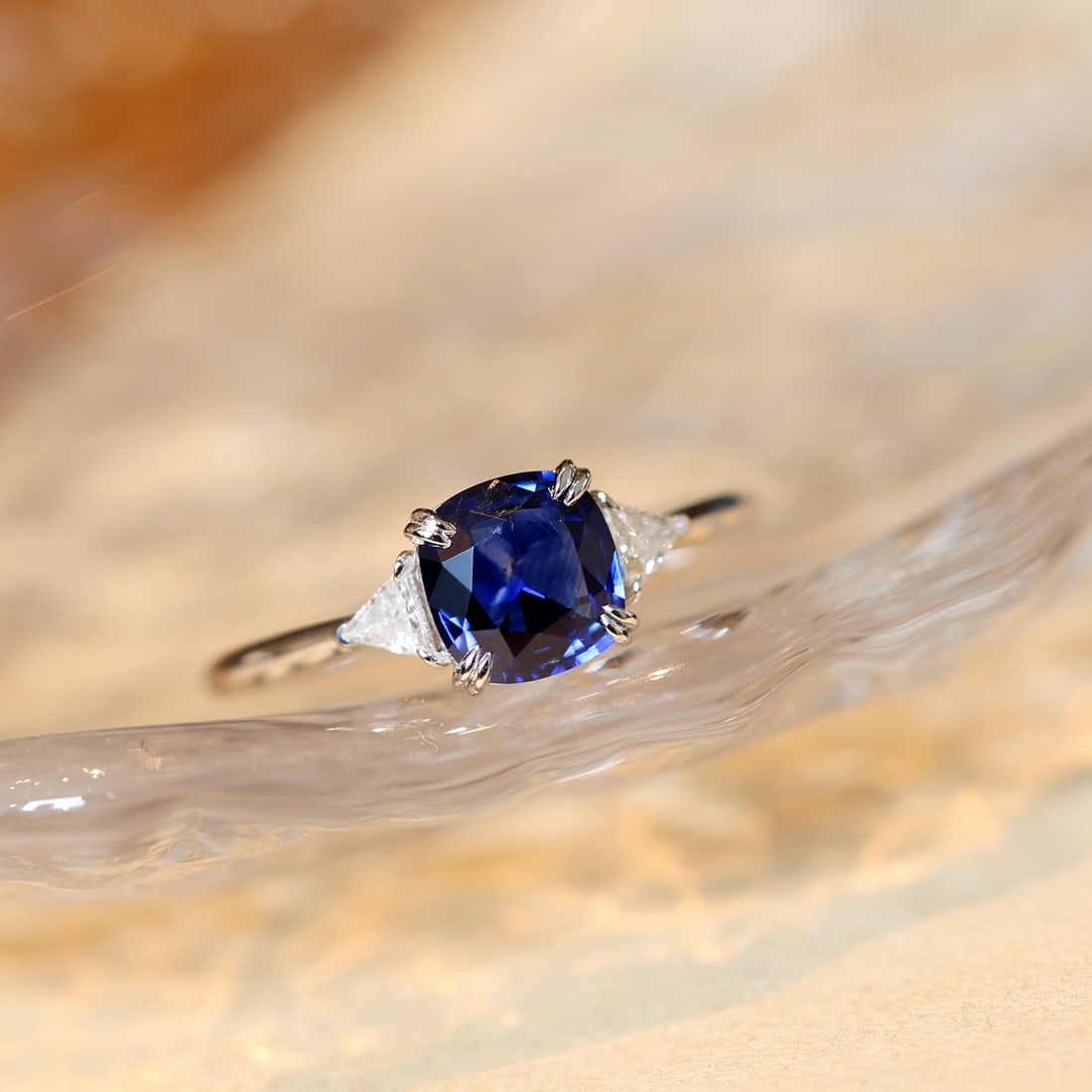14k Gold 1.29 Ctw Natural Sapphire & Diamond Ring: Ref:231114416 // gold content:14k gold // ring size:7. 25us // // main gemstone:sapphire // shape:cushion // carat weight:1. 18ct // color:blue // treatment:natural // // adjacent gemstone 2 :