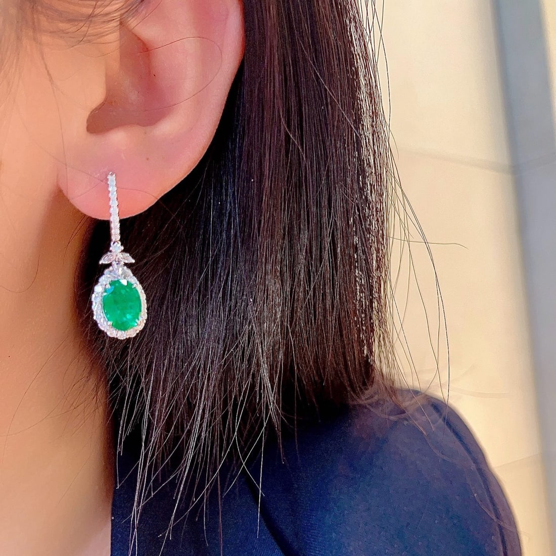 14k Gold 5.65 Ctw Vivid Green Natural Emerald & Diamond Earrings - 5