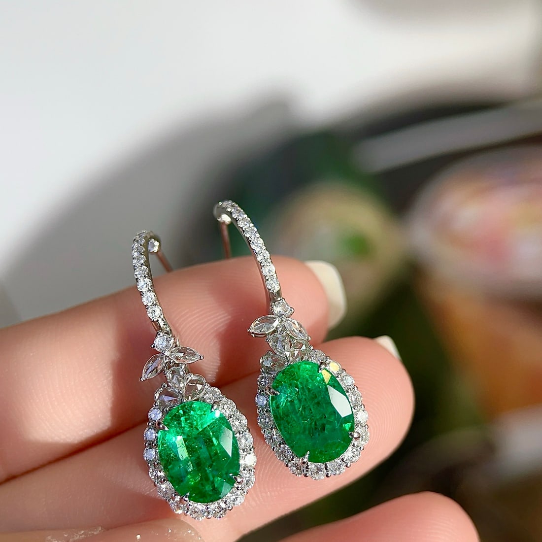 14k Gold 5.65 Ctw Vivid Green Natural Emerald & Diamond Earrings - 6