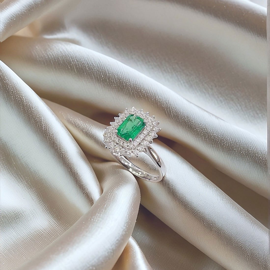 Express Shipping 18k Gold 1.22 Ctw Natural Emerald & Diamond Ring - 2