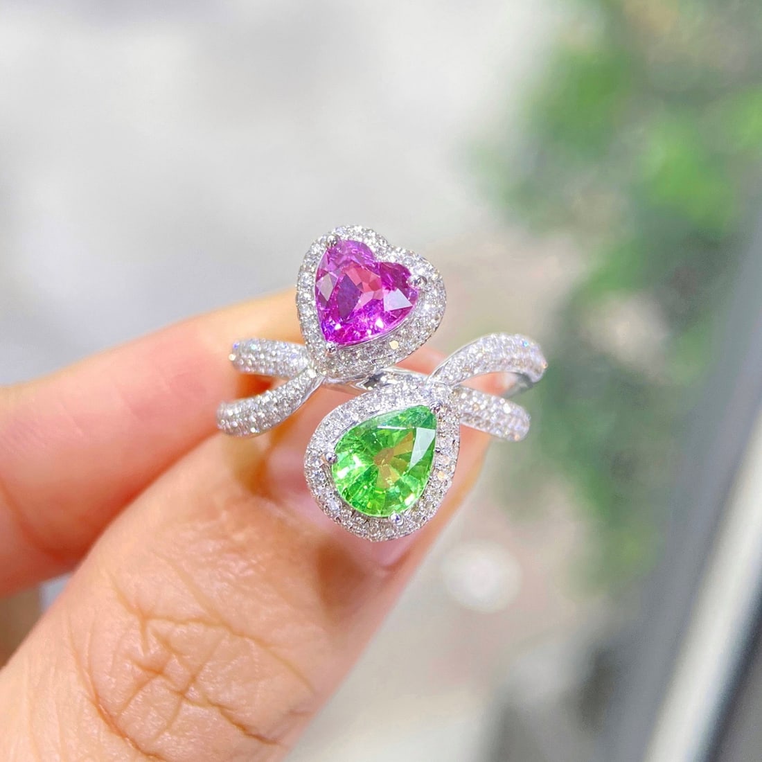 Express Shipping 18k Gold 2.10 Ctw Natural Sapphire & Tsavorite & Toi Et Moi Ring - 2