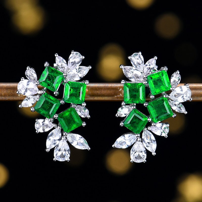 14k Gold 3.19 Ctw Vivid Green Natural Emerald & Sapphire Earrings: Ref:231105032 // gold content:14k gold // main gemstone:emerald // shape:square // carat weight:1. 71ct // color:vivid green // treatment:natural // // adjacent gemstone 2 : sapphire // number of ston