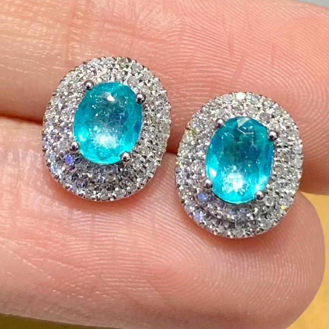 14k Gold 0.8 Ct Natural Paraiba Tourmaline & Diamond Earrings - 2