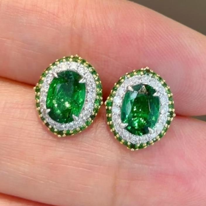 14k Gold 2.2 Ct Natural Tsavorite & Diamond Earrings - 2