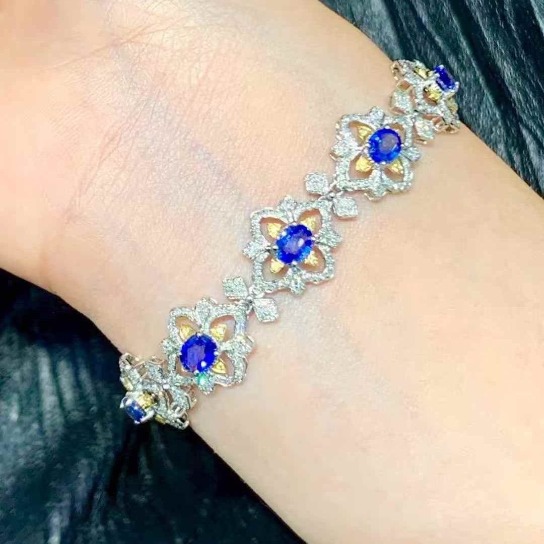14k Gold 7.2 Ct Natural Sapphire & Diamond Bracelet - 4