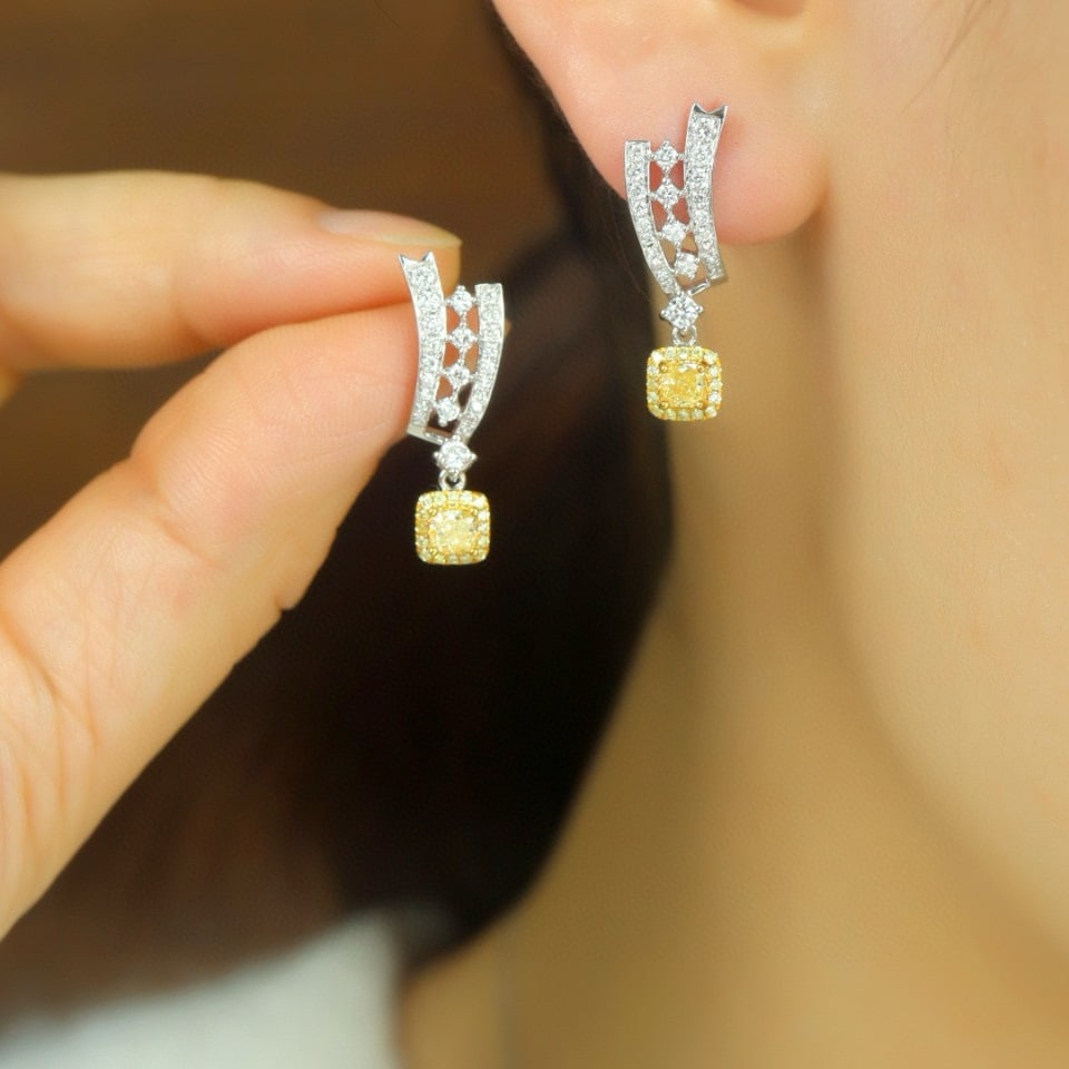 14k Gold 1.02 Ctw Natural Yellow Diamond & Diamond Earrings - 5