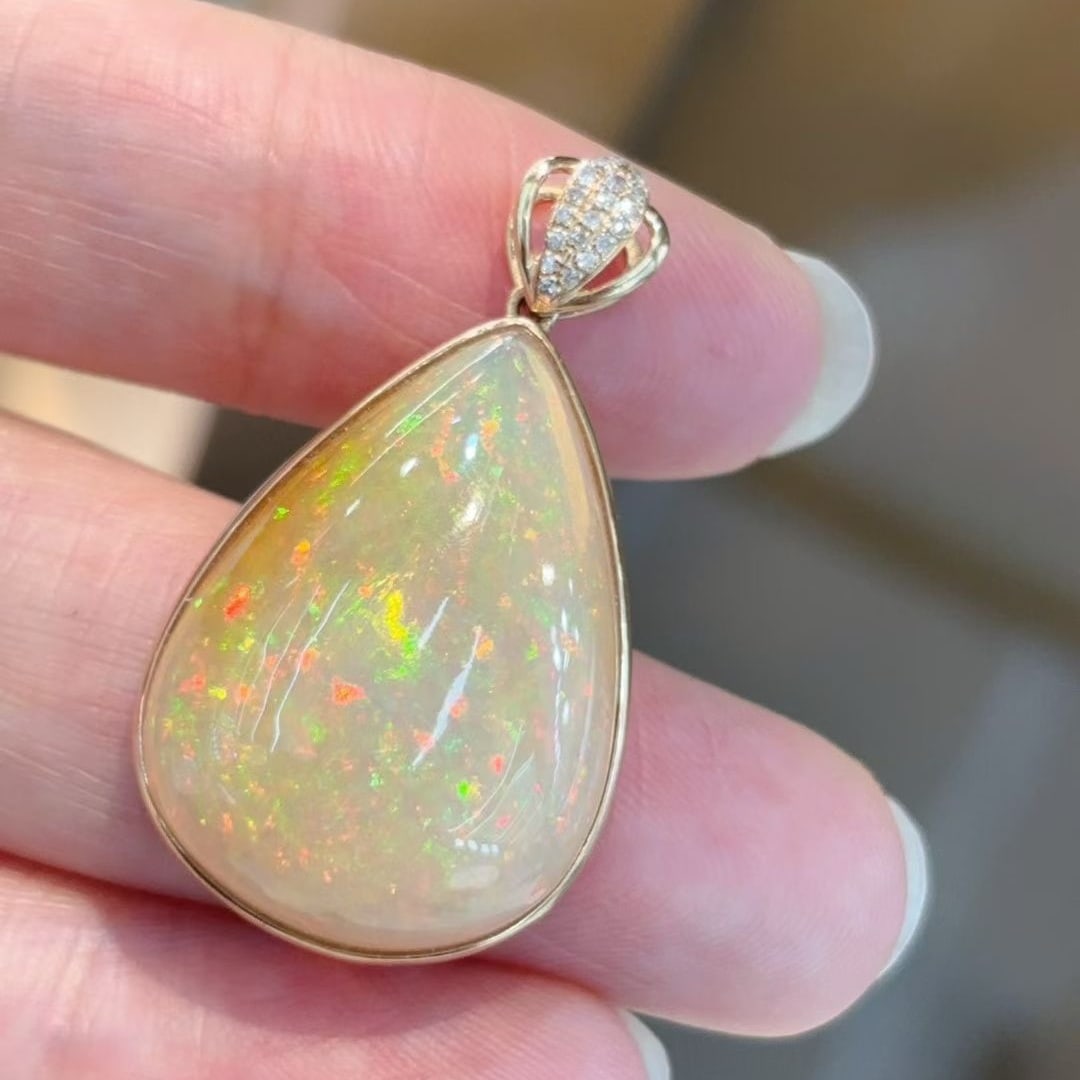 14k Gold 12.06 Ctw Natural Opal & Diamond Pendant( Without Chain ) - 3