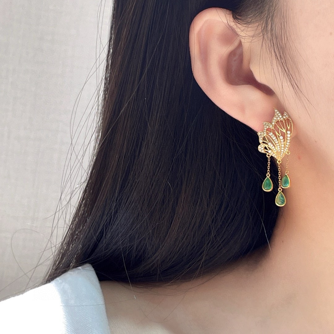 14k Gold 1.50 Ctw Natural Emerald & Diamond Earrings - 6