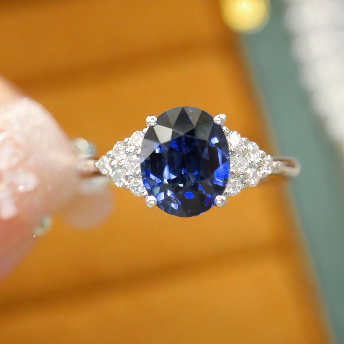 14k Gold 2.21 Ctw Natural Sapphire & Diamond Ring: Ref:231105242 // gold content:14k gold // ring size:7. 25us // // main gemstone:sapphire // shape:oval // carat weight:2. 03ct // color:blue // treatment:natural // // adjacent gemstone 2 :