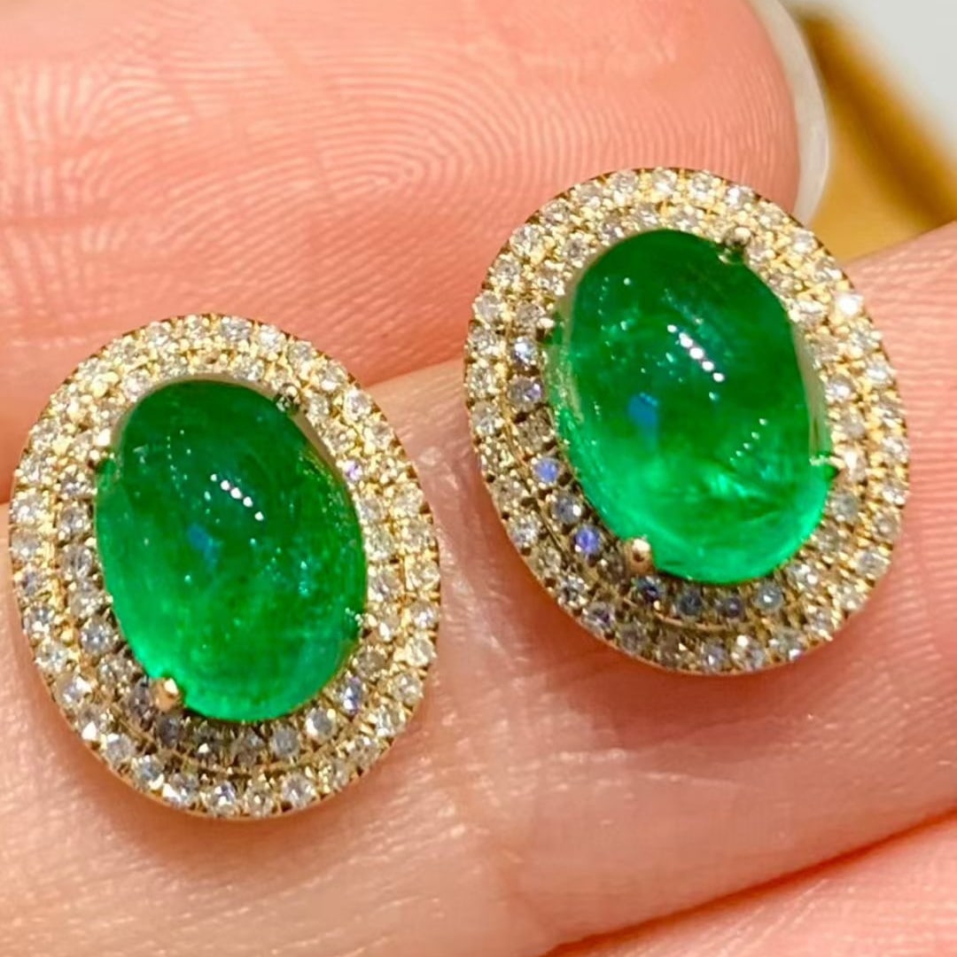 14k Gold 2.8 Ct Natural Emerald & Diamond Earrings - 4