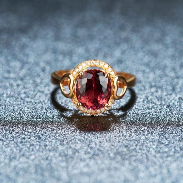 14k Gold 3.31 Ct Natural Tourmaline & Diamond Ring: Ref:231106036 // gold content:14k gold // ring size:7. 25us // // main gemstone:tourmaline // shape:oval // carat weight:3. 31ct // color:red // treatment:natural // // adjacent gemstone 2 :