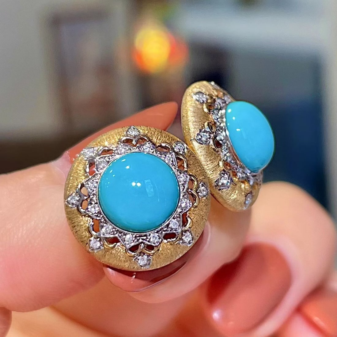 14k Gold 4.19 Ctw Natural Blue Turquoise & Diamond Earrings - 2