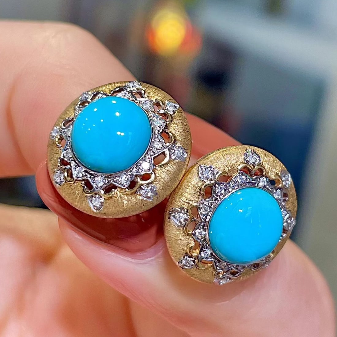 14k Gold 4.19 Ctw Natural Blue Turquoise & Diamond Earrings - 3