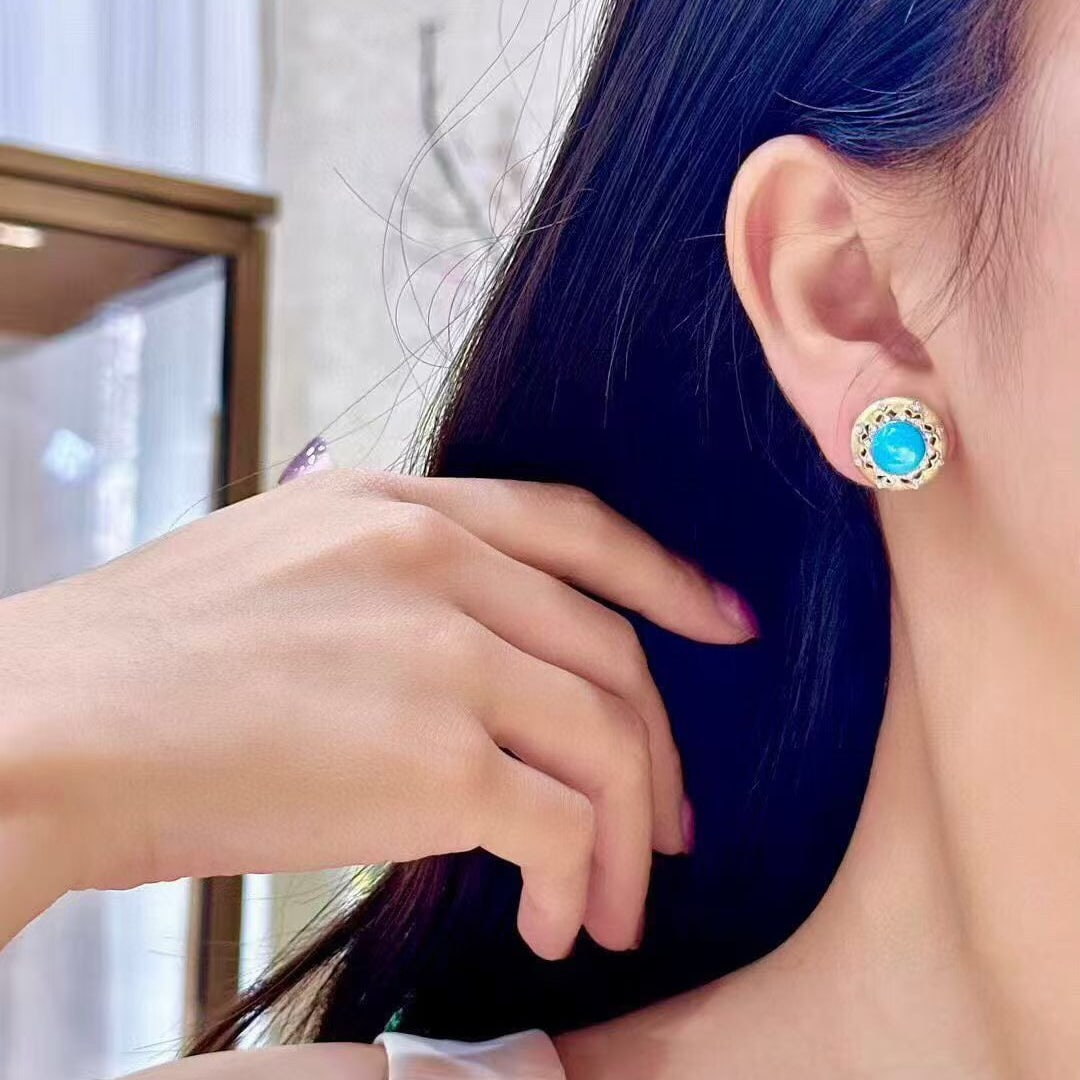 14k Gold 4.19 Ctw Natural Blue Turquoise & Diamond Earrings - 4