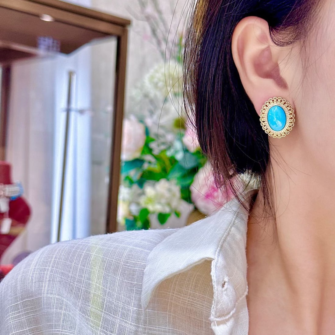 14k Gold 8.94 Ctw Natural Blue Turquoise & Diamond Earrings - 4