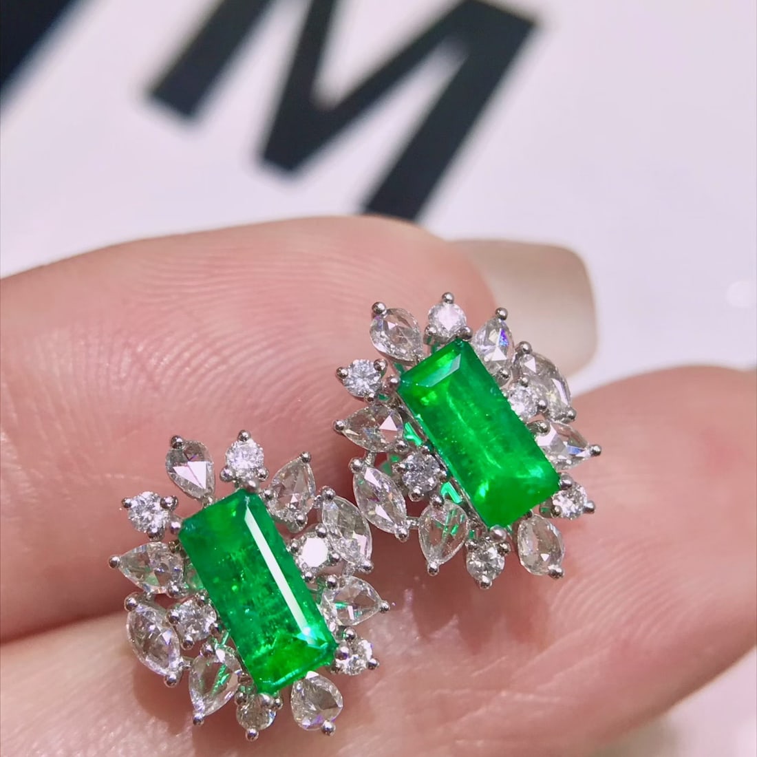 14k Gold 1.78 Ctw Vivid Green Natural Emerald & Diamond Earrings - 2