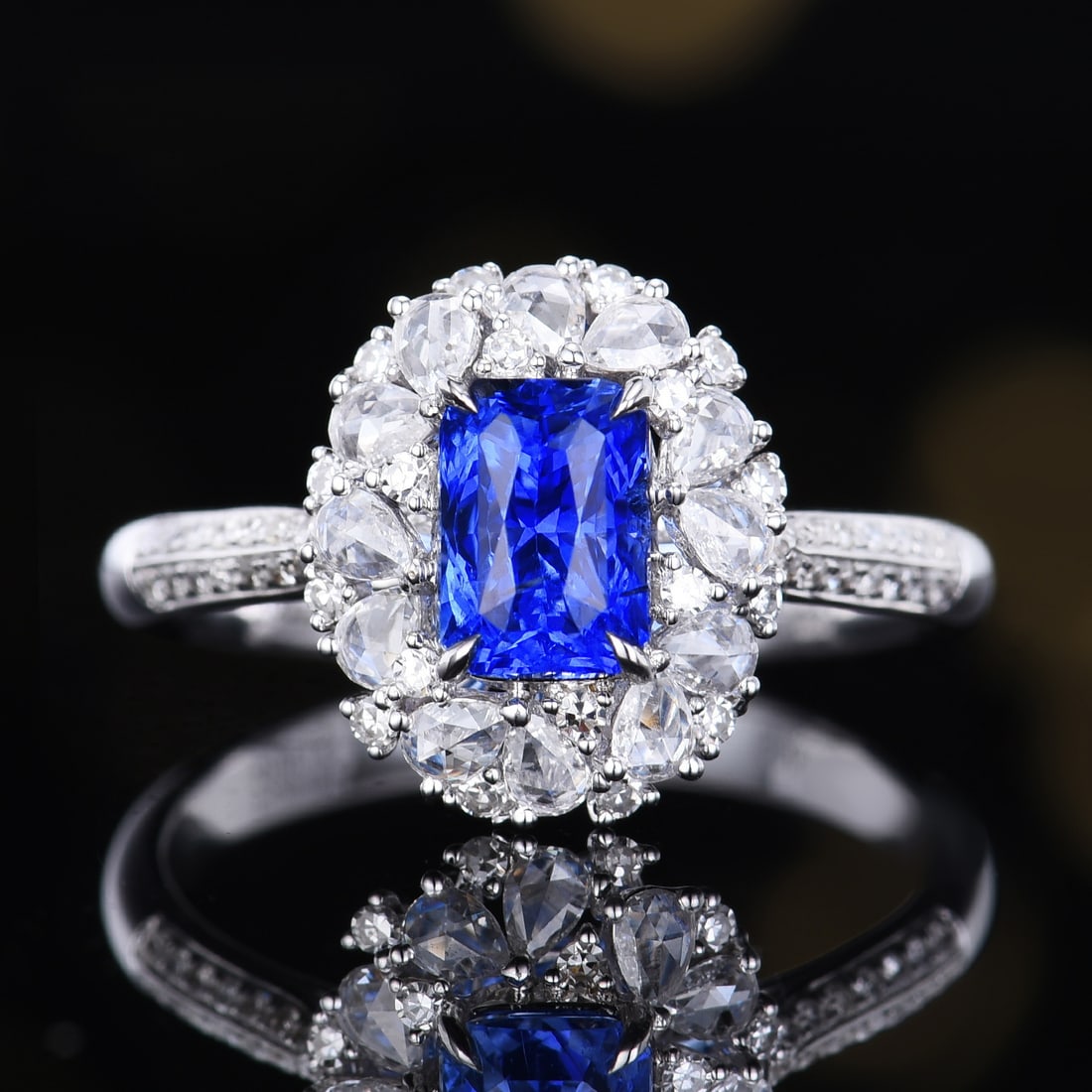 14k Gold 2.09 Ctw Natural Sapphire & Diamond Ring: Ref:231106351 // gold content:14k gold // ring size:7. 25us // // main gemstone:sapphire // shape:octagonal // carat weight:1. 61ct // color:cornflower blue // treatment:natural // // adjacent